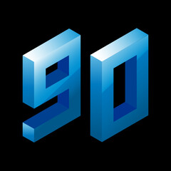 Gradient blue number 90 in isometric style. Isolated on black background. Water texture