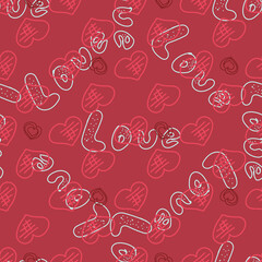 Seamless pattern with word love-vector illustration. The words red and white on a bright background.