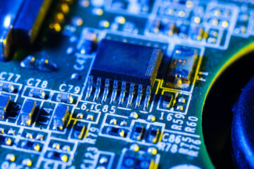 Old electronic circuit board close up in macro shot