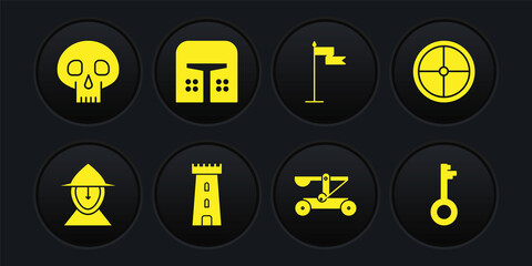 Set Medieval iron helmet, Round wooden shield, Castle tower, Catapult shooting stones, flag, Old key and Skull icon. Vector