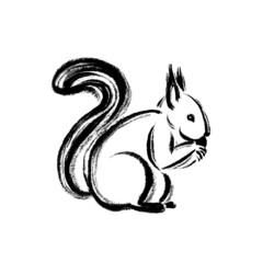 Minimalistic squirrel drawing in the technique of one ink stroke. Brush and paint texture.