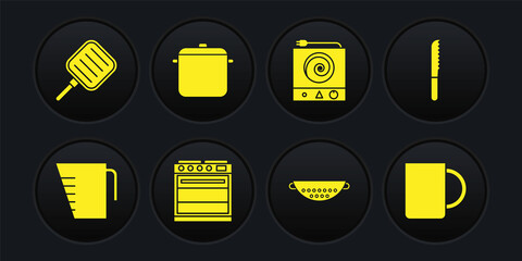 Set Measuring cup, Bread knife, Oven, Kitchen colander, Electric stove, Cooking pot, Coffee and Frying pan icon. Vector
