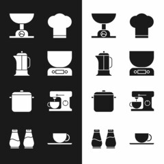 Set Electronic scales, French press, Chef hat, Cooking pot, Electric mixer, Coffee cup and Salt and pepper icon. Vector