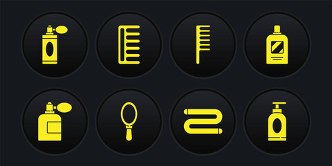 Set Aftershave bottle with atomizer, Bottle of shampoo, Hand mirror, Towel, Hairbrush, Cream lotion cosmetic tube and icon. Vector