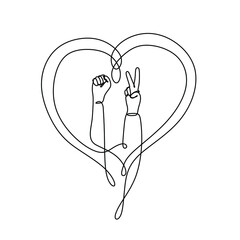 Inclusion and diversity concept. The hand shows the sign of peace and the hand is clenched into a fist. A sign of protest and struggle for rights.
