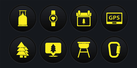 Set Tree, Gps device with map, Location of the forest, Barbecue grill, Calendar tree, Smart watch showing heart beat rate, Carabiner and Camping gas stove icon. Vector