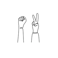 Inclusion and diversity concept. The hand shows the sign of peace and the hand is clenched into a fist. A sign of protest and struggle for rights.
