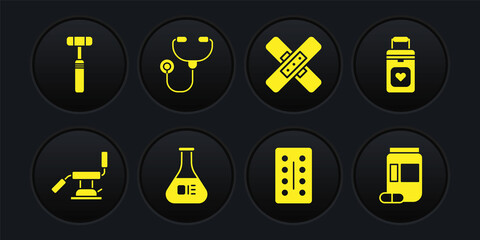 Set Medical dental chair, Organ container, Test tube and flask, Pills blister pack, Crossed bandage plaster, Stethoscope, Medicine bottle pills and Neurology reflex hammer icon. Vector