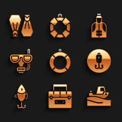 Set Lifebuoy, Case container for wobbler, Fishing boat water, hook, lure, Diving mask and snorkel, Fisherman and Rubber flippers swimming icon. Vector