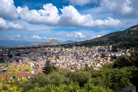 City of Dorgali in Sardinia Italy. Top view of a beautiful city between the mountains. 
