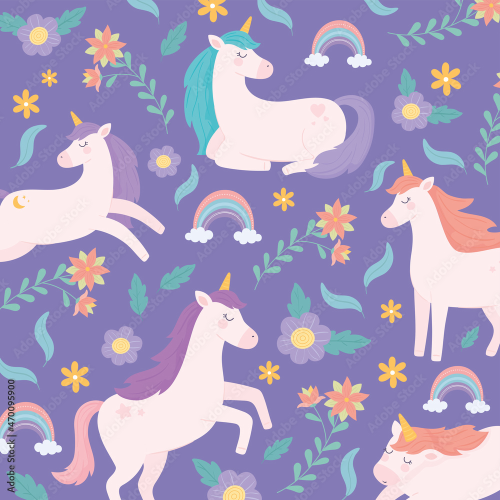 Poster unicorns flowers and rainbow