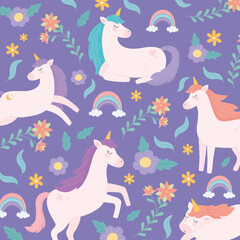 unicorns flowers and rainbow