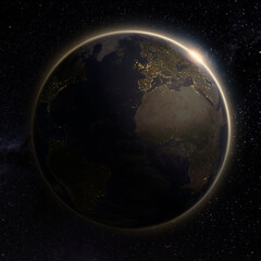 Night planet earth on starry background. Eclipse of the sun with the world and the milky way. Realistic model in 3D rendering