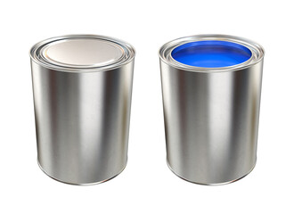 Open and closed cans of paint blue on a white background, 3d render