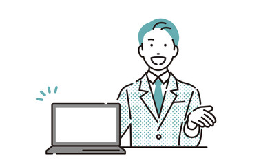 笑顔で案内するビジネスパーソン男性