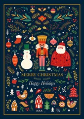 Classic Christmas greeting illustration with funny Santa Claus, nutcracker and snowman. Big Christmas collection in Scandinavian style with traditional Christmas and New Year elements - 470096177