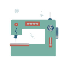 Hand drawn electric sewing machine isolated on a white background. Doodle, illustration in a simple flat style. It can be used for decoration of textile, paper and other surfaces.