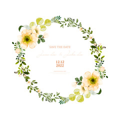Watercolor wreath design with orange flowers and green leaves