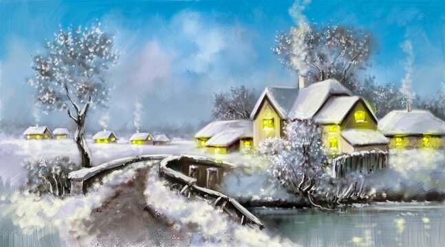 Digital oil paintings rural landscape, old village, fairy houses in winter. Fine art, artwork