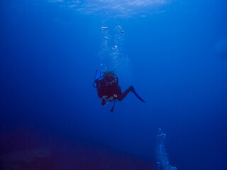 Scuba diver in clear blue water. Diving in clear water. Sardinia Italy