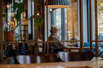 Freelancer Woman Using Laptop Computer Sitting At Cafe Table. Coworking.