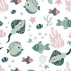 Marine seamless pattern. Fish, algae, corals, starfish. Hand-drawn style. Design for decorating a nursery.