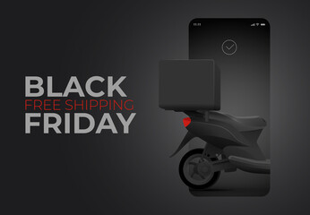 Black Friday free shipping or delivery or online ordering banner concept with realistic delivery scooter on black background. Vector illustration