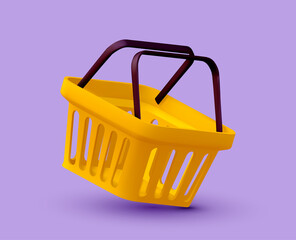 Shopping or buying concept with empty yellow shopping cart on purple background. Vector illustration