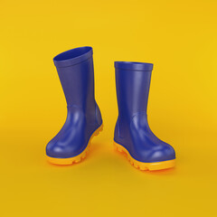 Rubber boots blue floating on a yellow background, 3d render