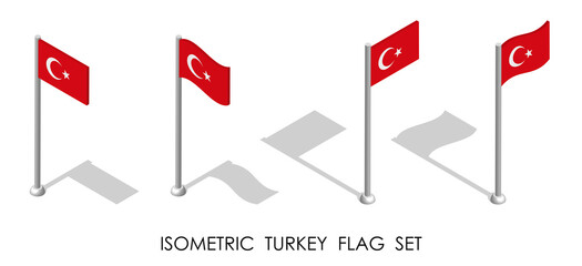 isometric flag of Republic of TURKEY in static position and in motion on flagpole. 3d vector