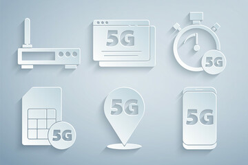 Set Location 5G network, Digital speed meter, Sim Card, Mobile with, and Router and wi-fi signal icon. Vector
