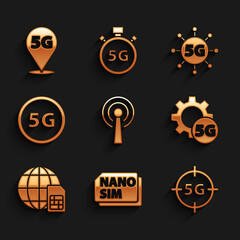 Set Antenna, Nano Sim Card, 5G network, Setting, Globe, and Location icon. Vector