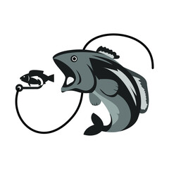 Fish grabbing bait, gray flat sign for design on white background, vector illustration