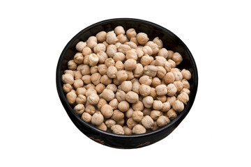Raw chickpeas in black bowl isolated on white background. Top angle view. Organic vegetarian healthy protein food closeup - 470097594
