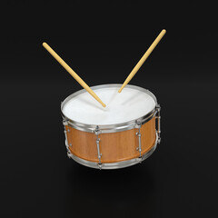 Wooden drum and drumsticks on a black background, 3d render