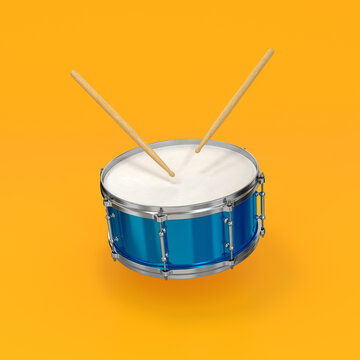 Drum and drumsticks blue on yellow background, 3d render