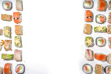 Christmas sushi set with funny decorated rolls like Xmas symbols – santa, deer, snowman, fir tree, Christmas sushi bar menu, festive delivery mock-up