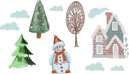 snowman winter house trees holidays christmas new year hand drawn cute baby picture