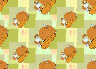 Mushrooms and pumpkins close-up in a decorative pattern. Autumn theme. Material for printing on paper and fabric.
