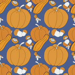 Mushrooms and pumpkins close-up in a decorative pattern. Autumn theme. Material for printing on paper and fabric.