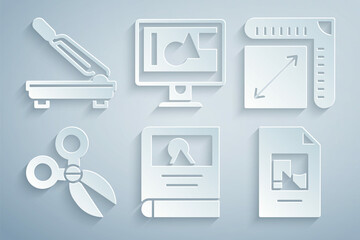 Fototapeta premium Set Photo album gallery, Paper size, Scissors, File document, Computer monitor screen and cutter icon. Vector