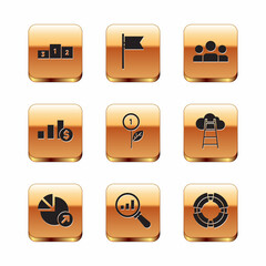 Set Business podium, Financial growth, Magnifying glass and analysis, Dollar plant, Pie chart dollar, Users group, lifebuoy and Location marker icon. Vector