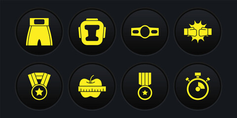Set Medal, Punch in boxing gloves, Apple and measuring tape, Boxing belt, helmet, Stopwatch and short icon. Vector