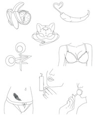 Vector linear icons on the theme of sexuality, emancipation, femininity, temptation