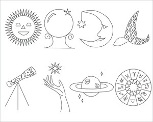 vector set of linear icons with elements on the theme of space, astrology, universe, astronomy: planet, sun, moon, hat, telescope, hand and star, zodiac signs