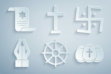Set Dharma wheel, Hindu swastika, Hands praying position, Easter egg, Christian cross and Torah scroll icon. Vector