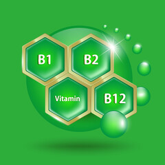 various vitamin messages on the golden green hexagon logo badge For advertisements about nutrition and supplements,vector 3d isolated on green background 