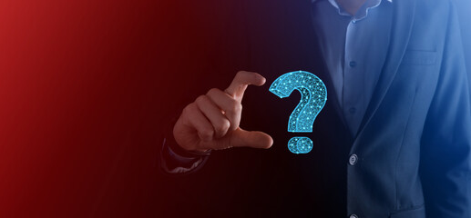 Question mark. 3d abstract on dark background with dots and stars. Ask symbol. Help support, faq problem symbol, think education concept, confusion search illustration or background.Business man