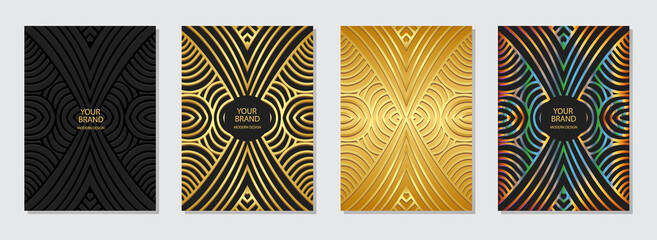 Set of cover design, vertical templates. Geometric 3D pattern, ethnic collection of luxury embossed backgrounds, golden grunge texture. Oriental, Indonesian, Mexican, Aztec motives.