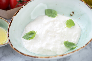 Close-up of a green bowl with stracciatella or italian cheese produced from buffalo milk, selective focus